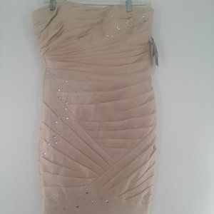Oleg Cassini Champayne Formal Pleated Dress with stones Size 8